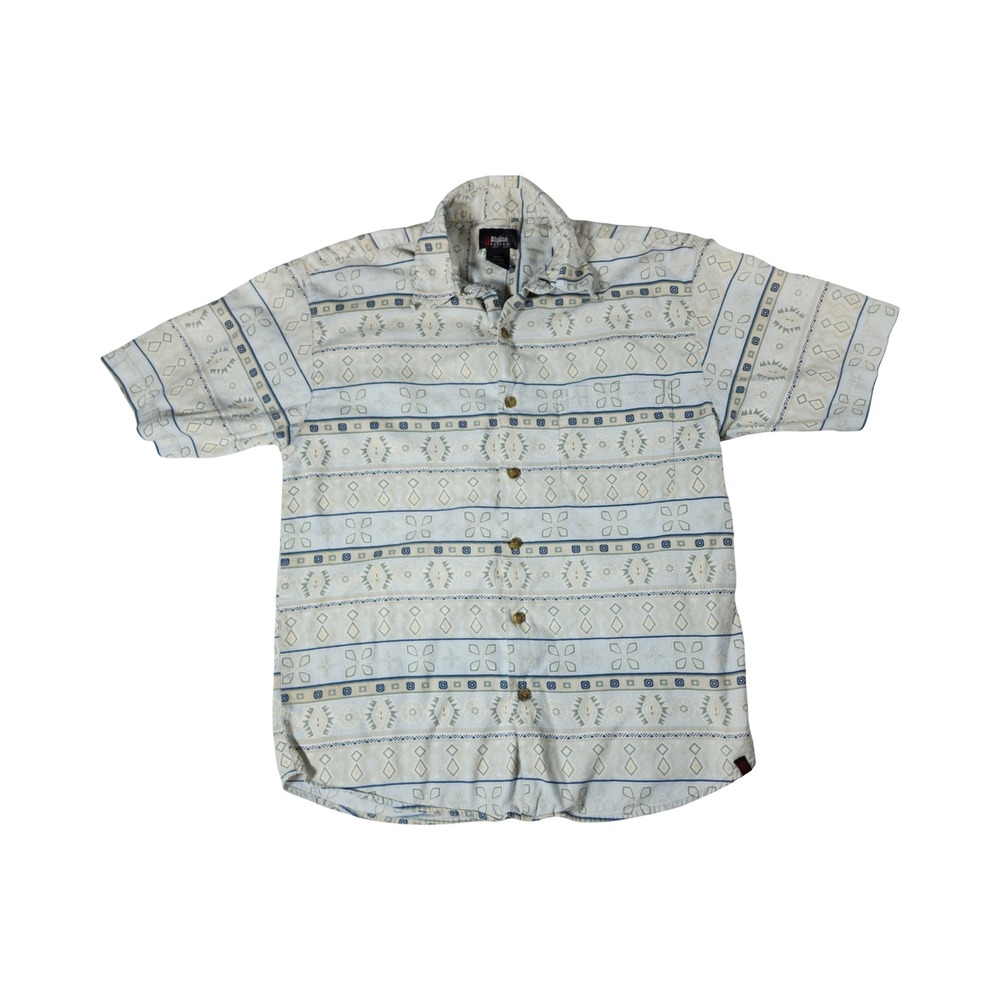 Alpine Design Mens Medium Blue Geometric Tribal Stripe Cotton Rayon Button Shirt